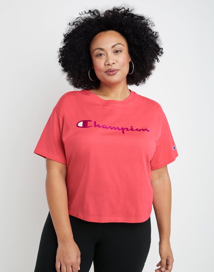 Champion Plus Cropped Script C Logo T-Shirt Dames - Koraal - Belgie 9054OYNWI